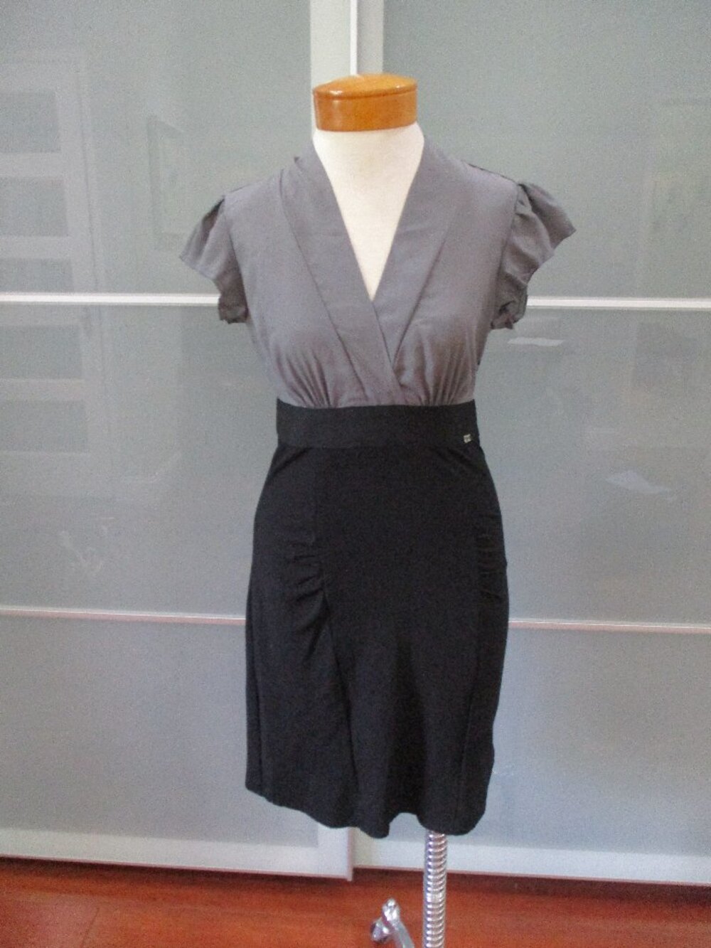 Miss Sixty Y2K Ruched V-Neck Cap Sleeve Wiggle Dress